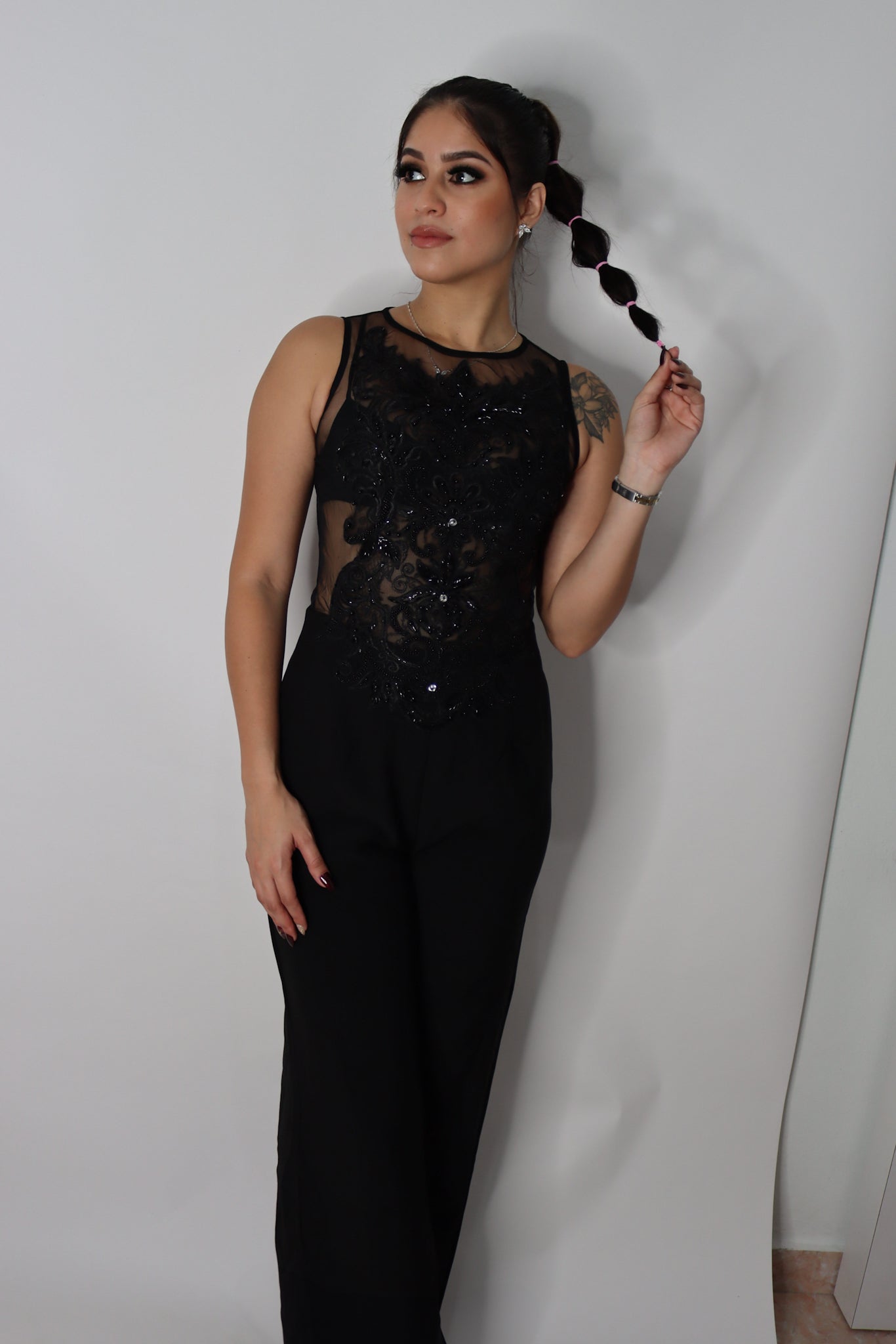 SLEEVELESS MESH EMBROIDERY WIDE LEG JUMPSUIT