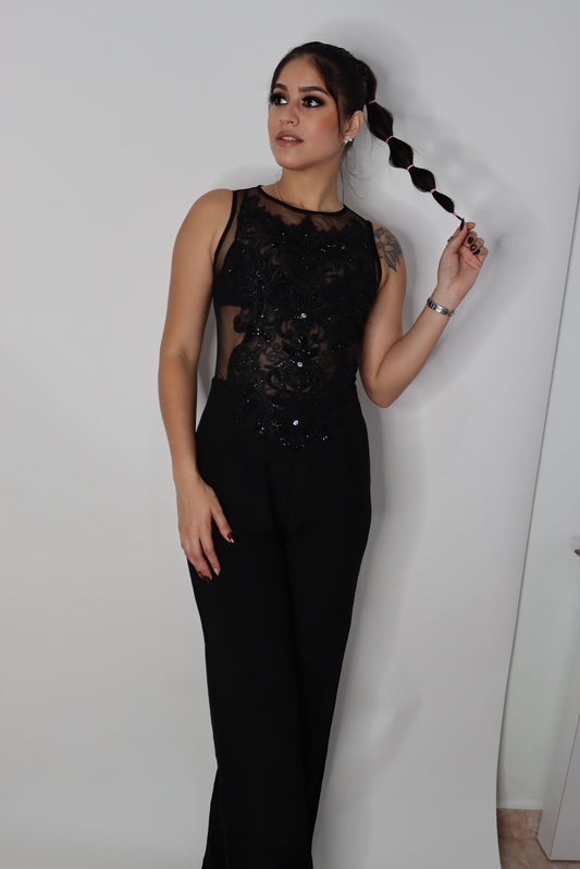 SLEEVELESS MESH EMBROIDERY WIDE LEG JUMPSUIT