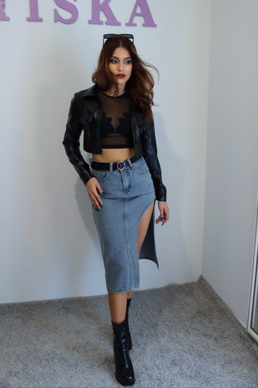 “Isabella” Denim Slit Midi Skirt 